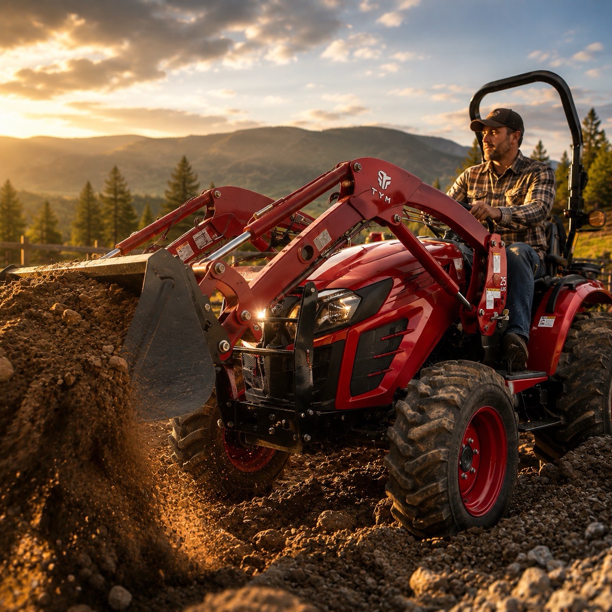 TYM tractor digging with a loader at JJ Riggs Equipment in Colville, WA